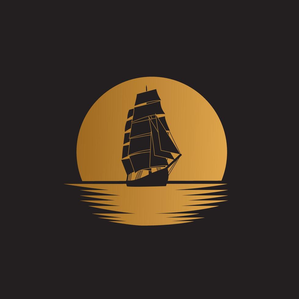 Ship sailboat on the ocean with gold moon background illustration logo design vector