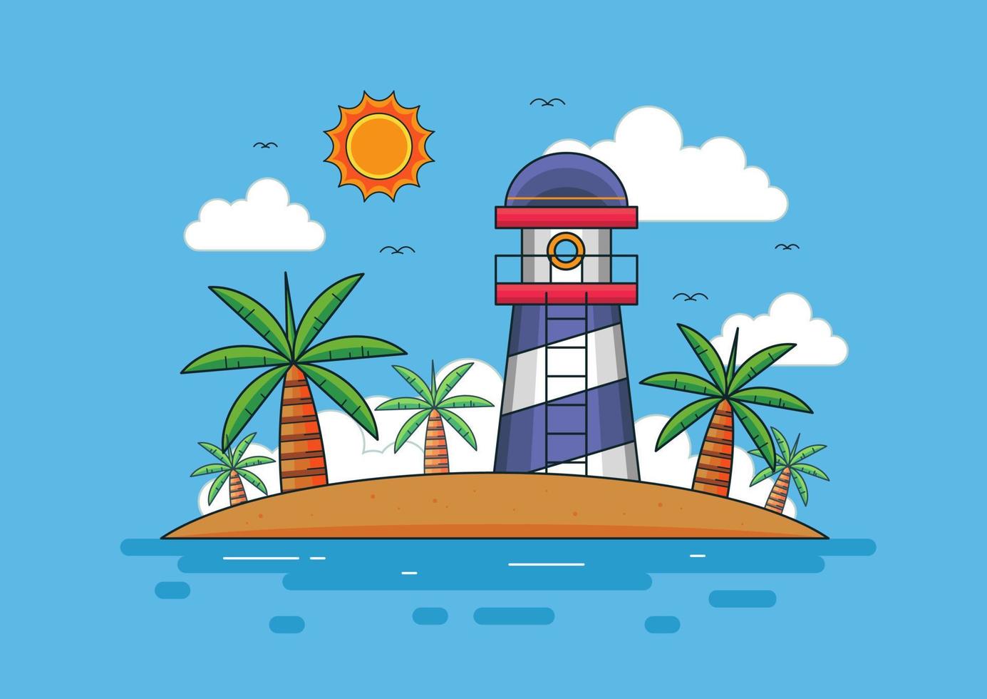 divertido y lindo espectáculo de circo diseño de ilustración playa de verano con faro y palmeras diseño de ilustración vector