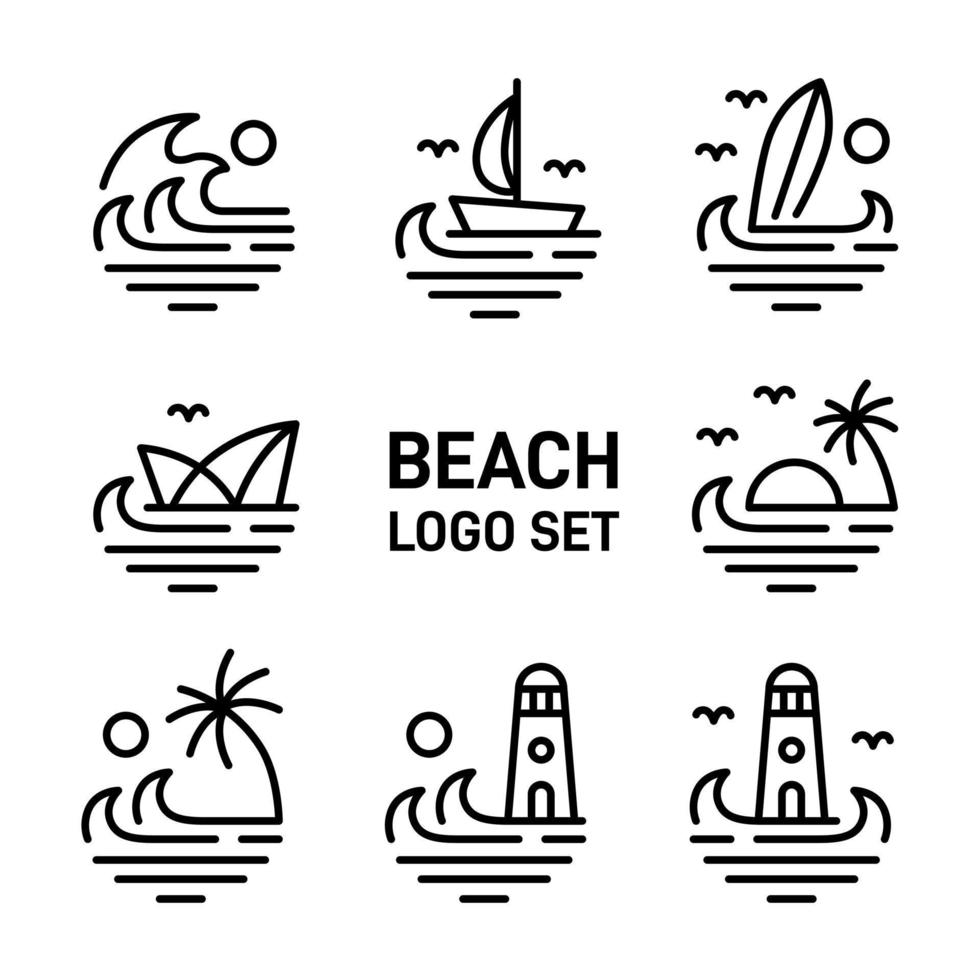Simple modern beach line art illustration logo design. Ocean and wave vector graphics