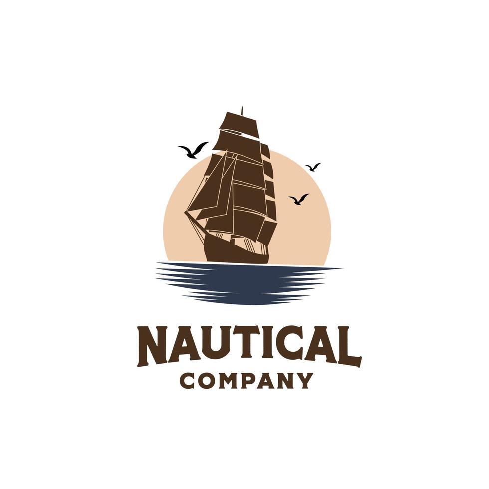Vintage classic ship sailboat on the ocean with sunset background illustration logo design vector