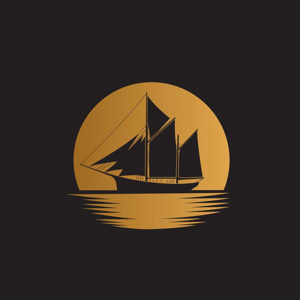 Ship sailboat on the ocean with gold moon background illustration logo design vector