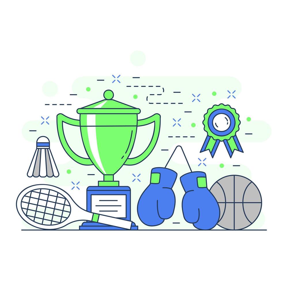 diseño de ilustración de sitio web de concepto deportivo de bádminton, boxeo, canasta y trofeo vector