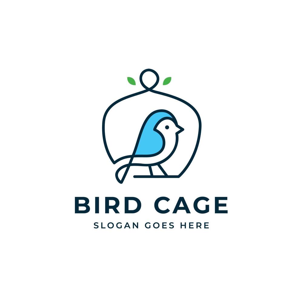 Simple cute bird logo with cage and leaf vector