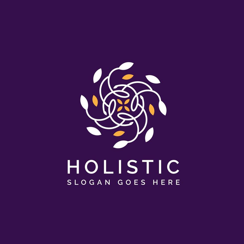 Holistic medical and health wellness logo design with leaf line pattern in gold white purple color vector