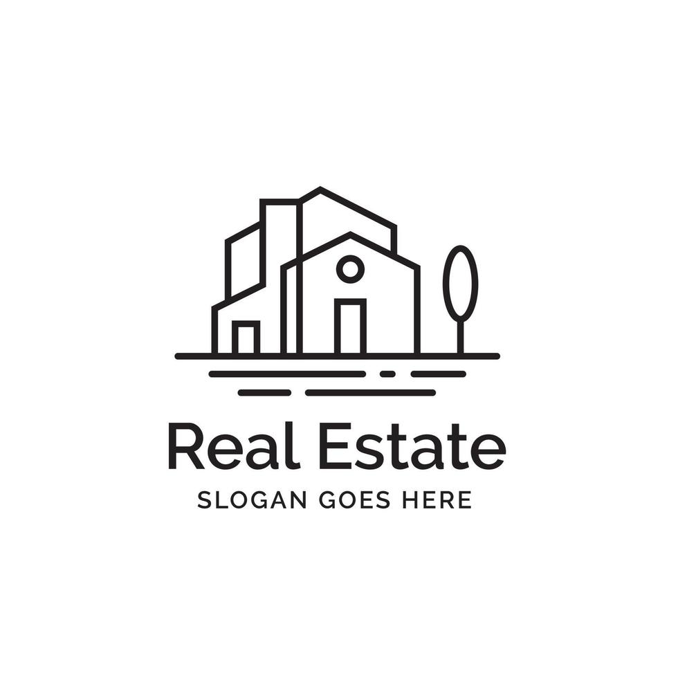 Modern building house with trees line art real estate logo design vector