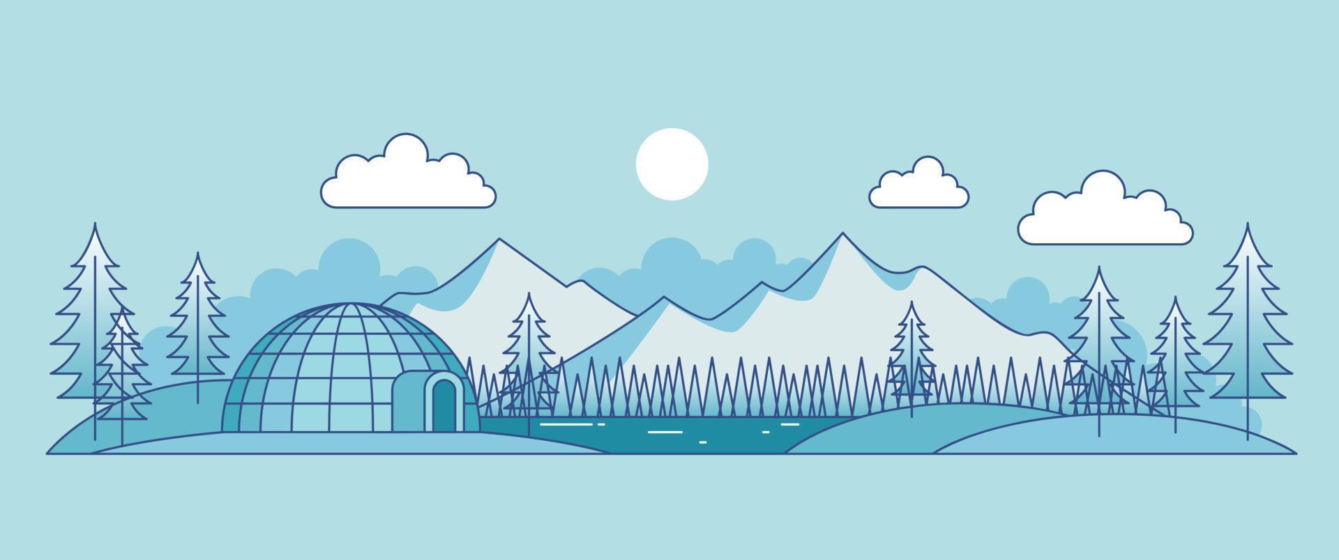 paisajes de temporada de invierno con árboles y diseño de vectores de ilustración de montañas nevadas