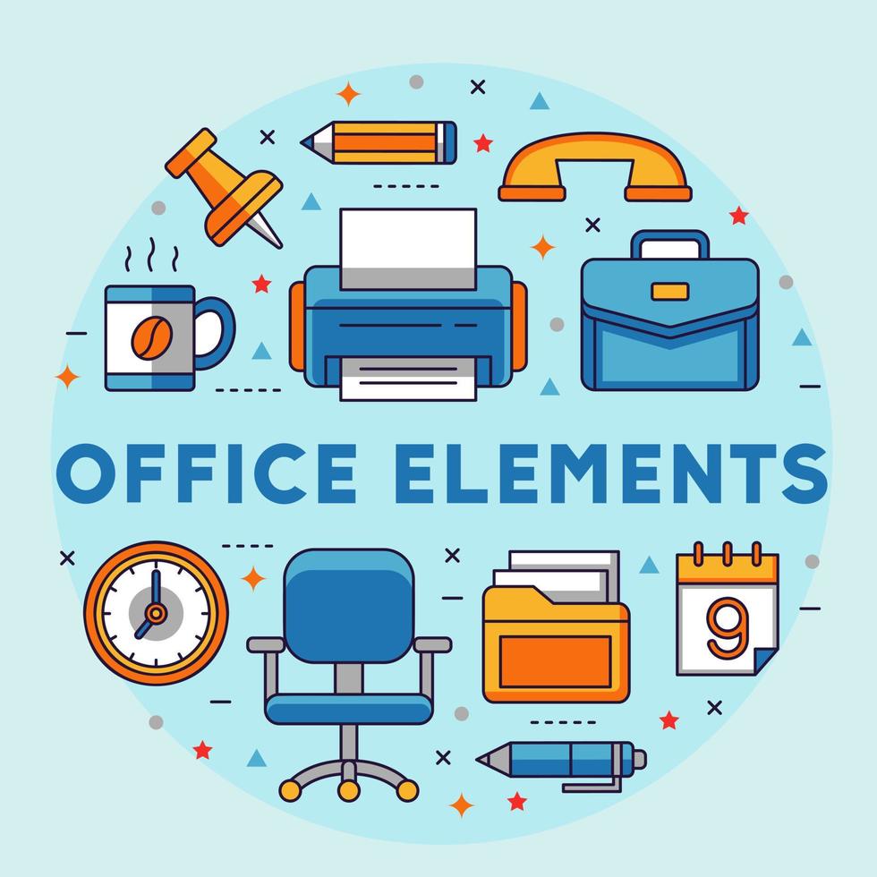 Office elements illustration design graphics. Briefcase, printer, telephone, pin, pencil, coffee cup, clock, office chair, pen, folder and calendar illustration. vector