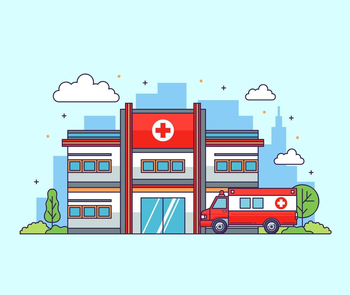 Hospital buildings with ambulance flat illustration vector design