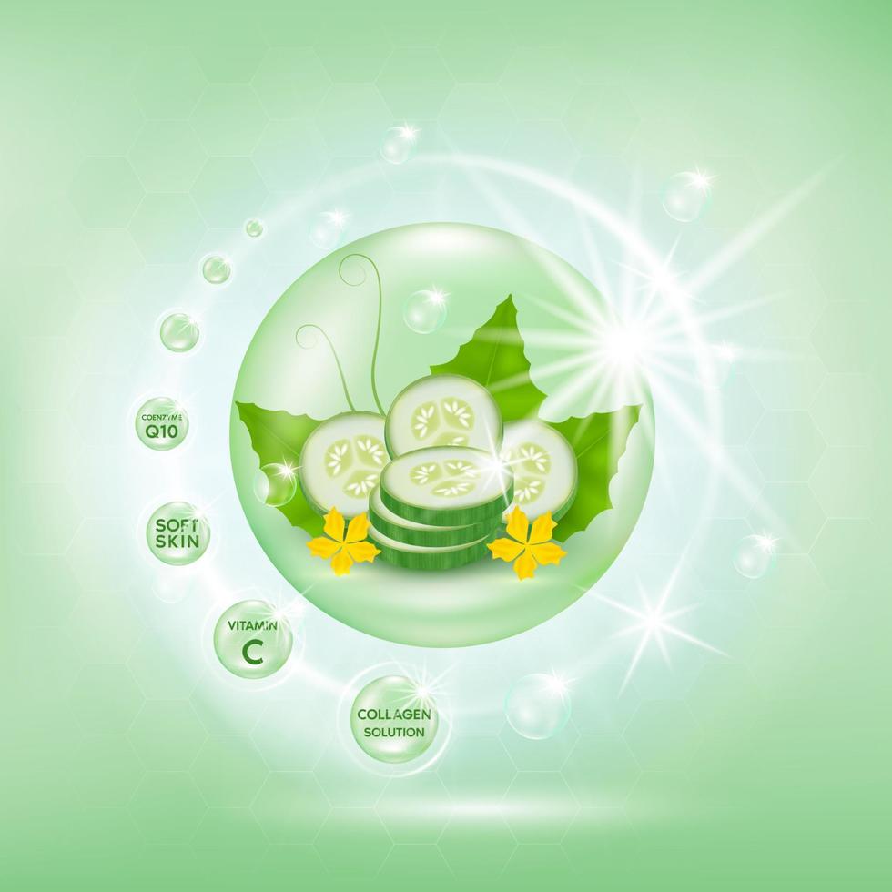 Cucumber white body serum, Extract Collagen and Vitamin. Cucumber skin care cream. Vector EPS10.