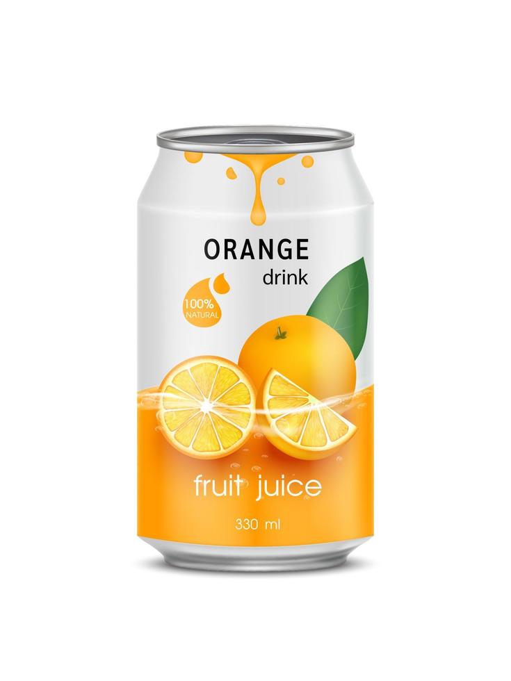 Refresco de jugo de naranja en lata de aluminio y diseño de maqueta de empaque amarillo de fruta naranja. Aislado en un fondo blanco. ilustración vectorial realista eps10. vector