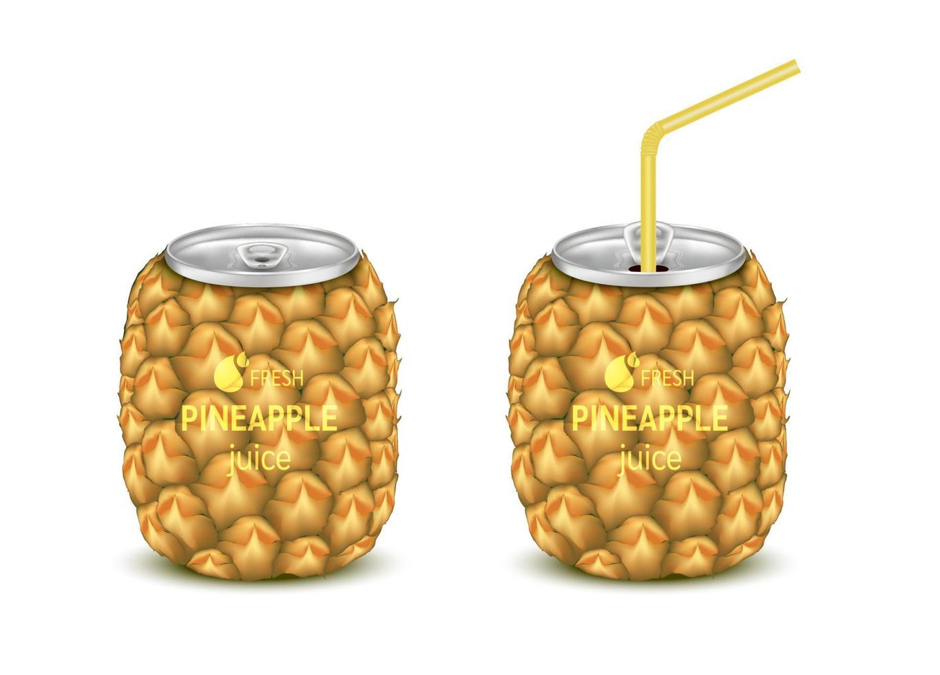 Fresh pineapple fruit juice soft drink with lid aluminum can and drinking straw. Isolated on a white background. Healthy fruit drink concept. Realistic 3D vector EPS10 illustration.