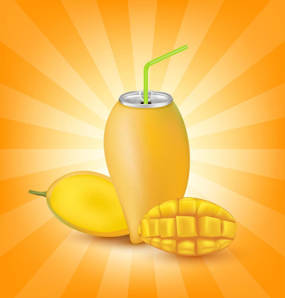 Fresh mango juice soft drink with lid aluminum can and drinking straw. Isolated on a orange background. Healthy fruit drink concept. Realistic 3D vector EPS10 illustration.