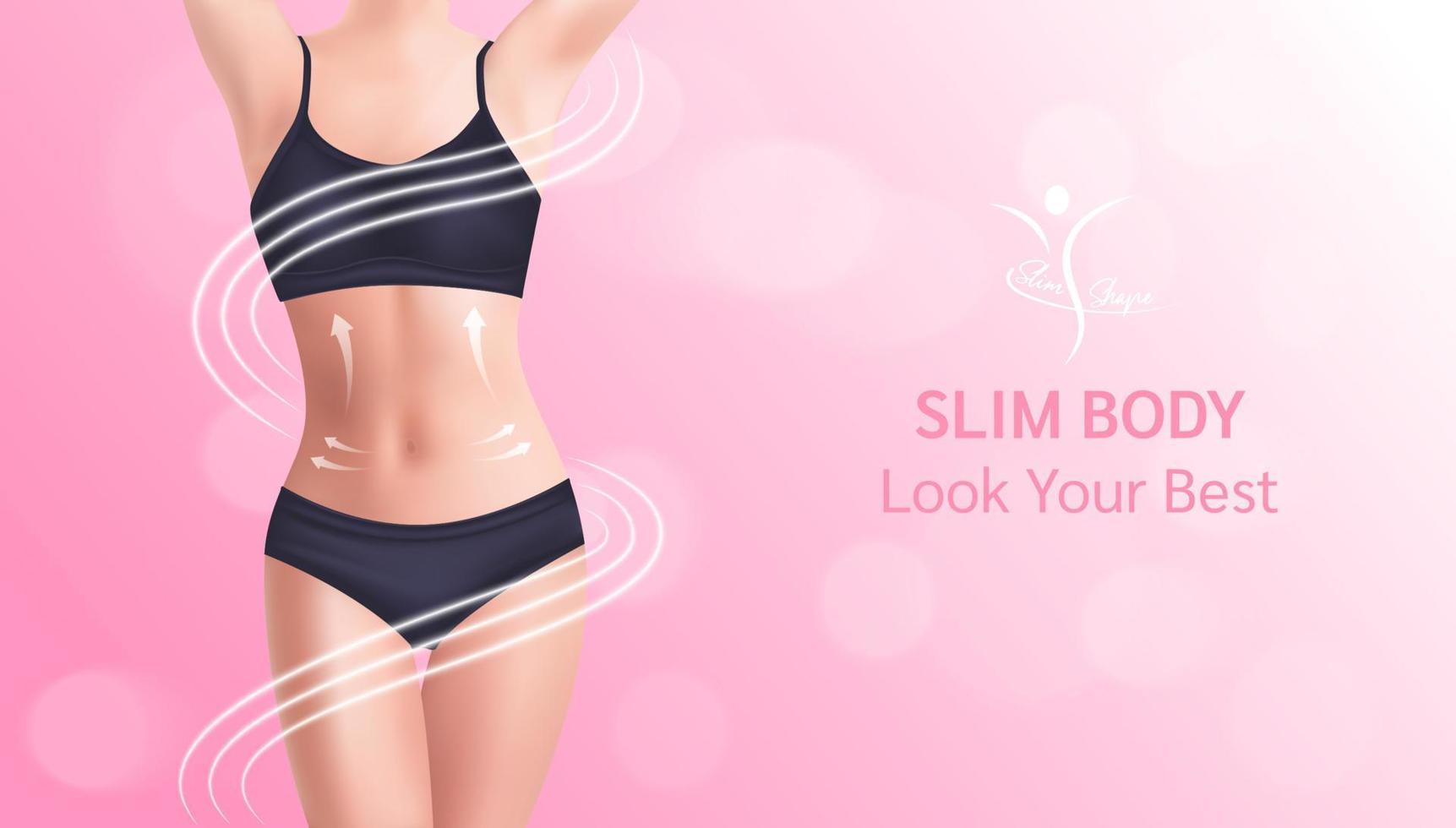 Beautiful woman's body. Perfect slim toned young body. Girl in perfect sexy  body shape in black panties in 3d vector illustration, On a pink bokeh  background. 9097178 Vector Art at Vecteezy