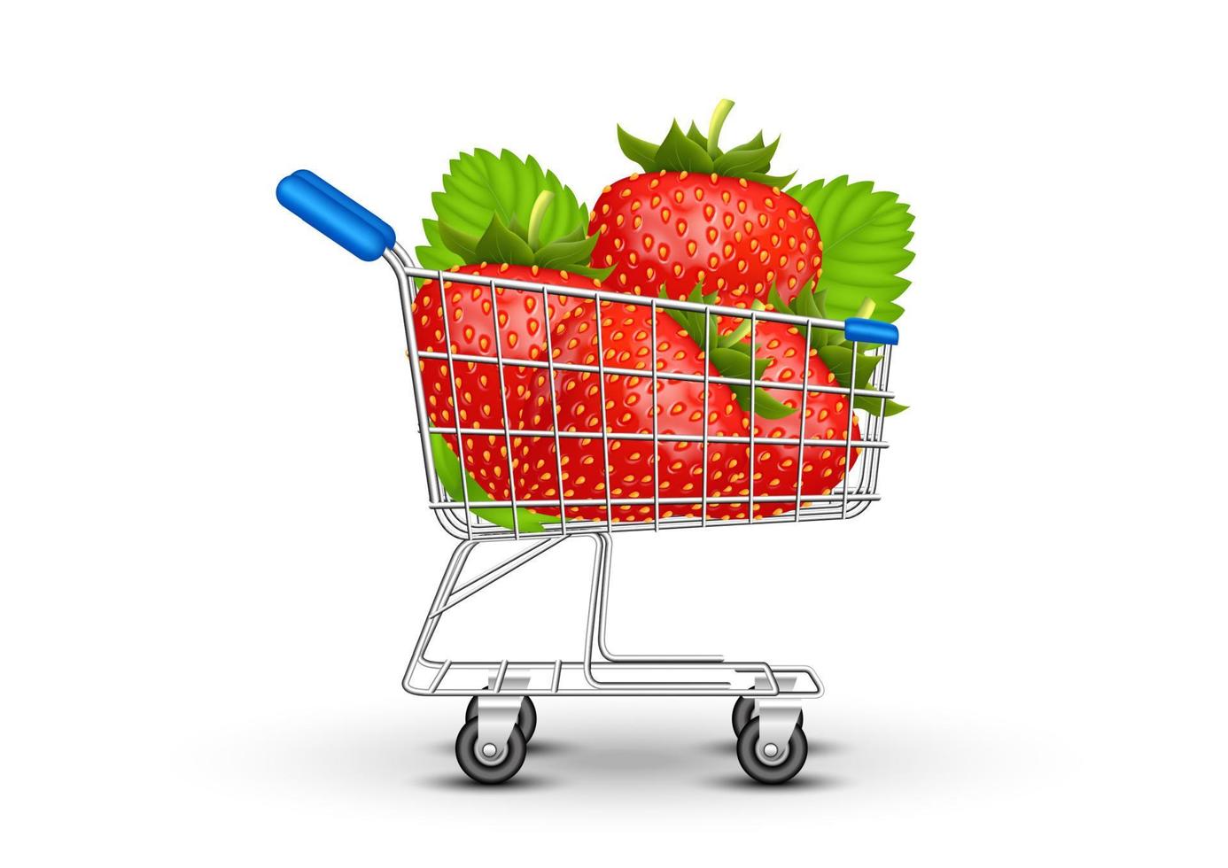 Strawberry in shopping cart isolated on white background. Side view.  Vector illustration.