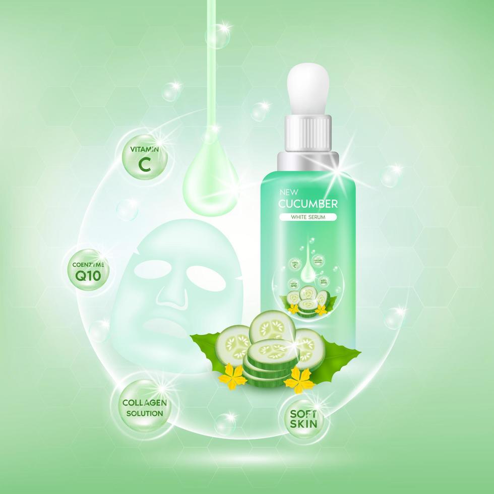 Cucumber white body serum, Extract Collagen and Vitamin. Cucumber skin care cream. Vector EPS10.