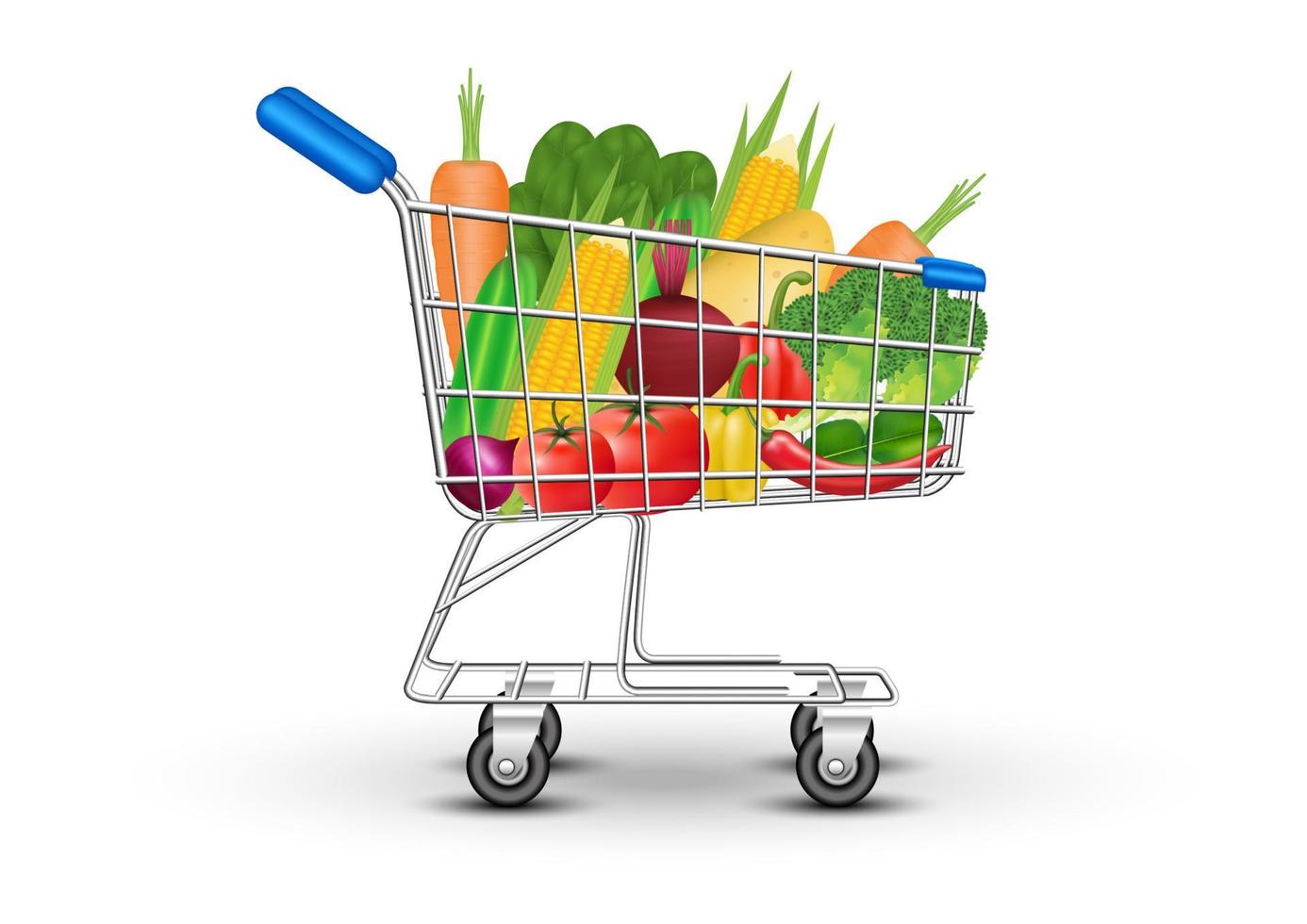 vista lateral verduras frescas y frutas en compras con carrito de compras aislado sobre fondo blanco. ilustración vectorial realista. vector