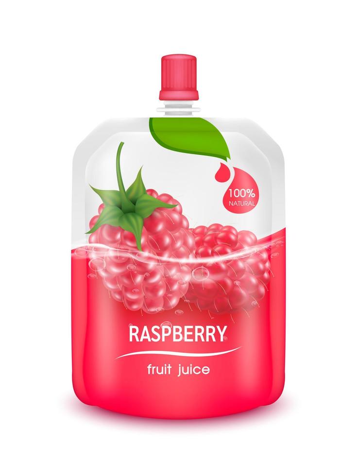 Raspberry juice jelly drink in foil pouch with top cap and design of raspberry fruit red packaging mock up. Isolated on a white background. Realistic 3D vector EPS10 illustration.