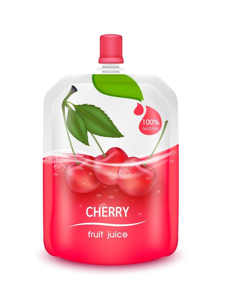 Cherry  juice jelly drink in foil pouch with top cap and design of cherry fruit red packaging mock up. Isolated on a white background. Realistic 3D vector EPS10 illustration.
