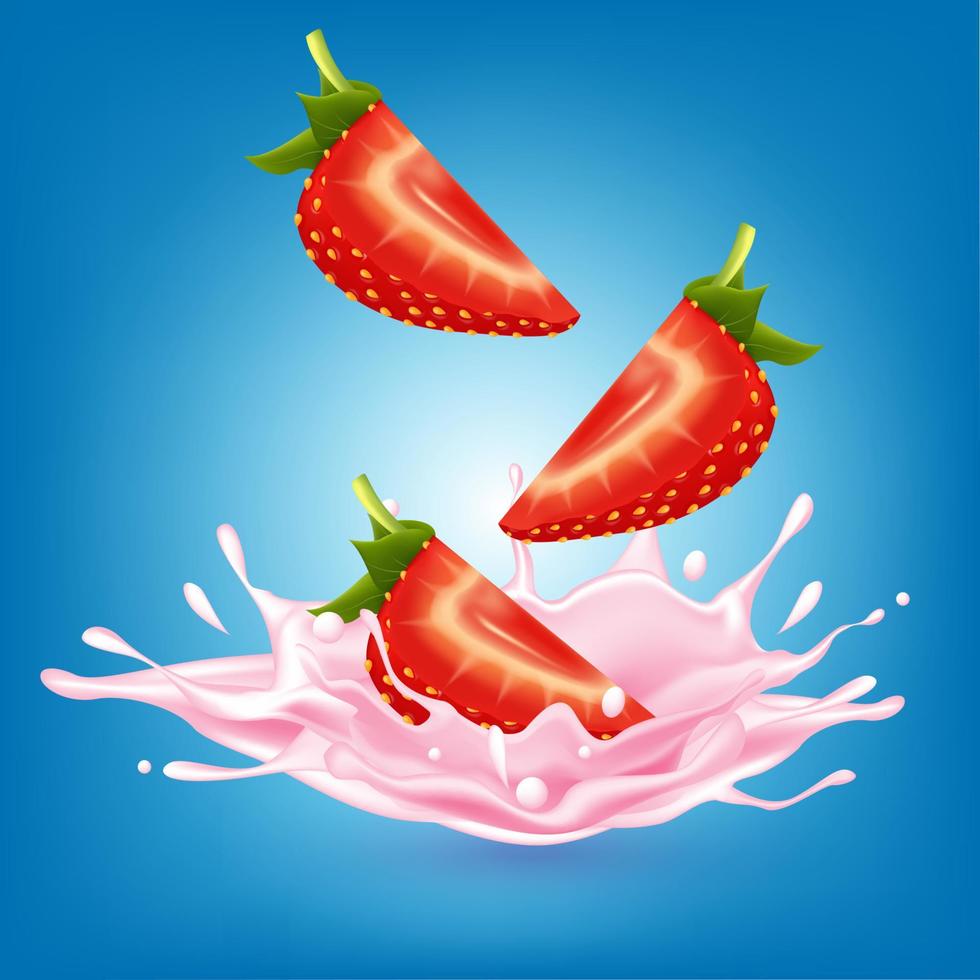 Strawberry sweet pink milk with berries and splashes realistic, Fruit and yogurt. vector 3d illustration.