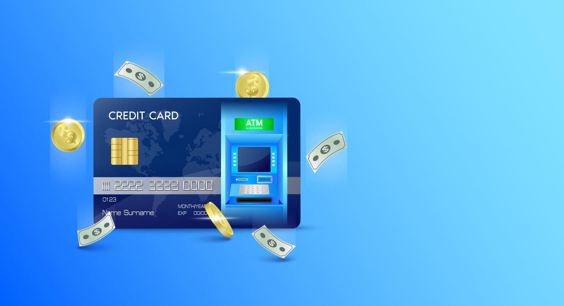 Credit card and coin. ATM Automated. Teller machine 24 hour. Money transfers financial transactions. Template for advertisement horizontal long. On blue background. Vector EPS10.