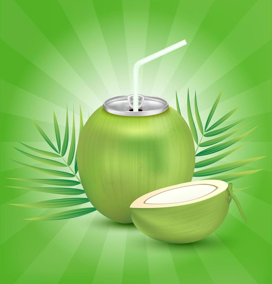 Fresh coconut juice soft drink with lid aluminum can and drinking straw. Isolated on a green background. Healthy fruit drink concept. Realistic 3D vector EPS10 illustration.