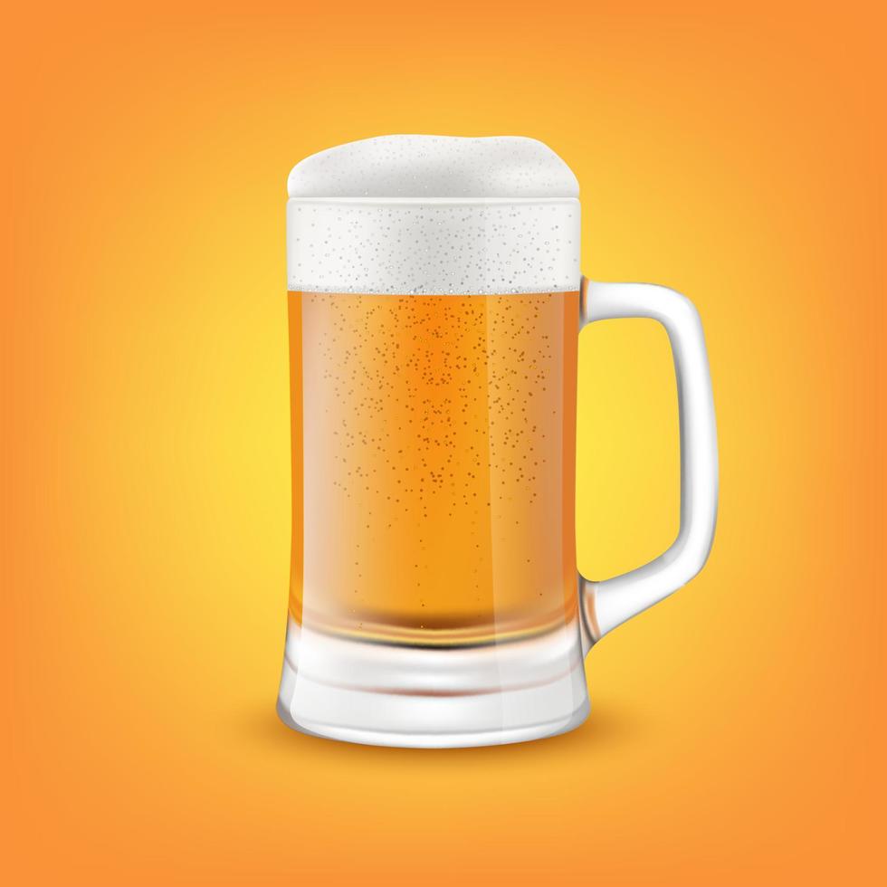 Beer full glass. Mug full with blond beer with foam. Alcoholic beverages for parties. Realistic 3D Vector illustration.