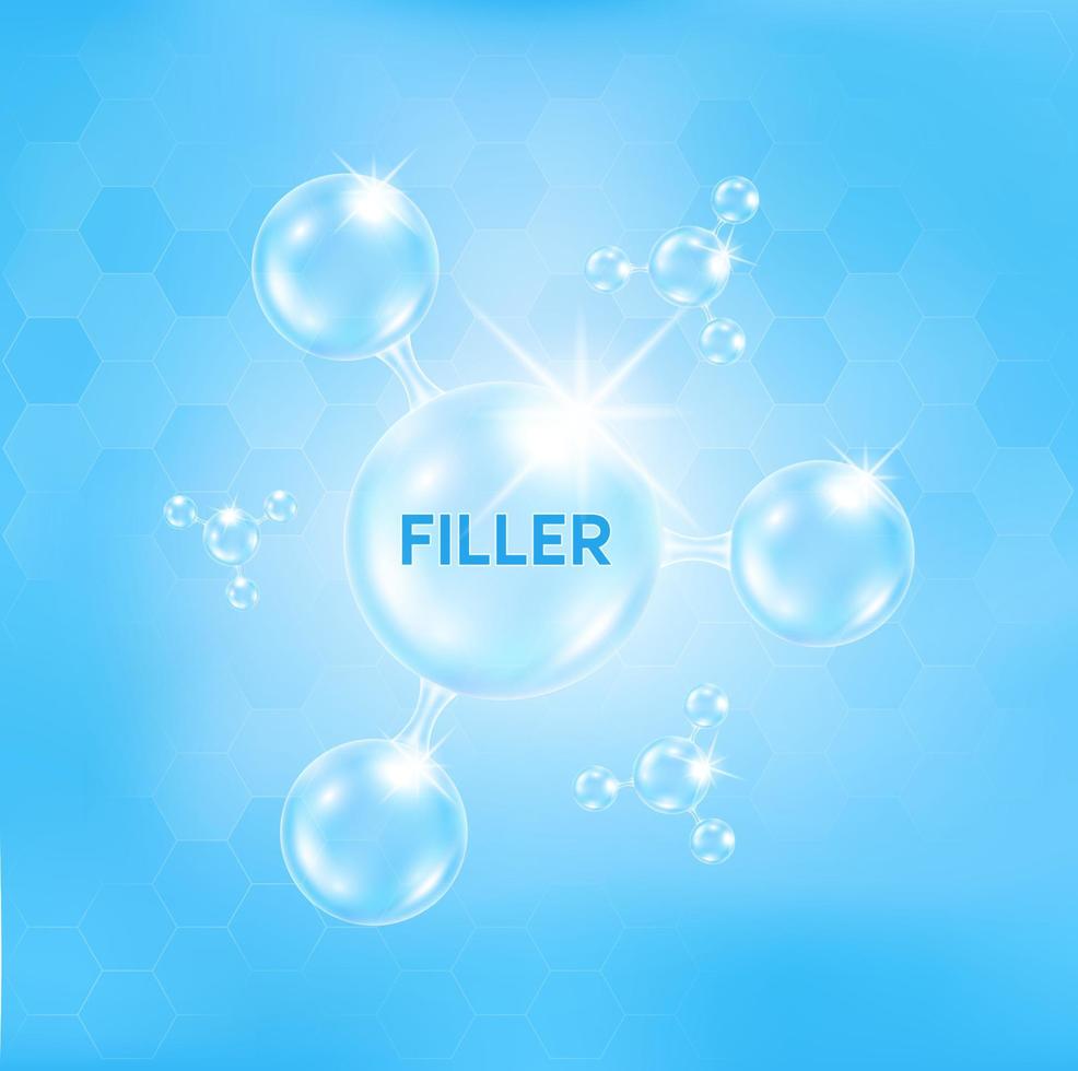 Filler, Botox in molecular form help reduce wrinkle dermal layer on skin face. Facial hyaluronic acid HA-Filler Medical and beauty concept. On a light blue background. Vector EPS10 illustration.