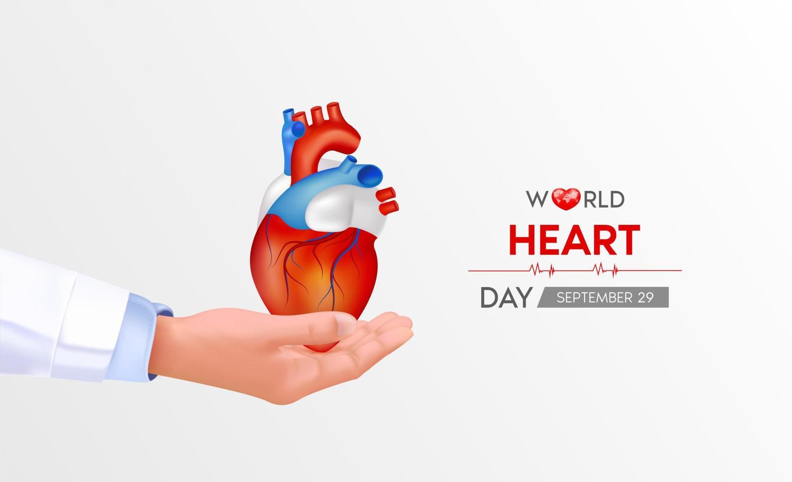 World Heart Day. Doctor hand holding red heart with white world map. Abstract heartbeat Background banner, heart wave. 3D vector illustration.