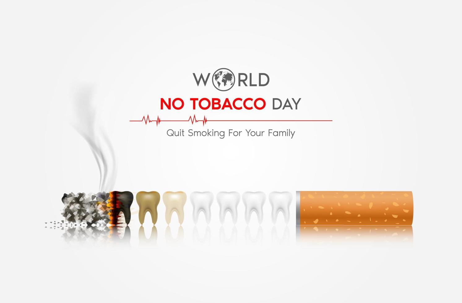 World No Tobacco Day. Heart bit line and cigarette. Dangers of smoking. Smoking effect on lung with people around and family. 3D vector Illustration.