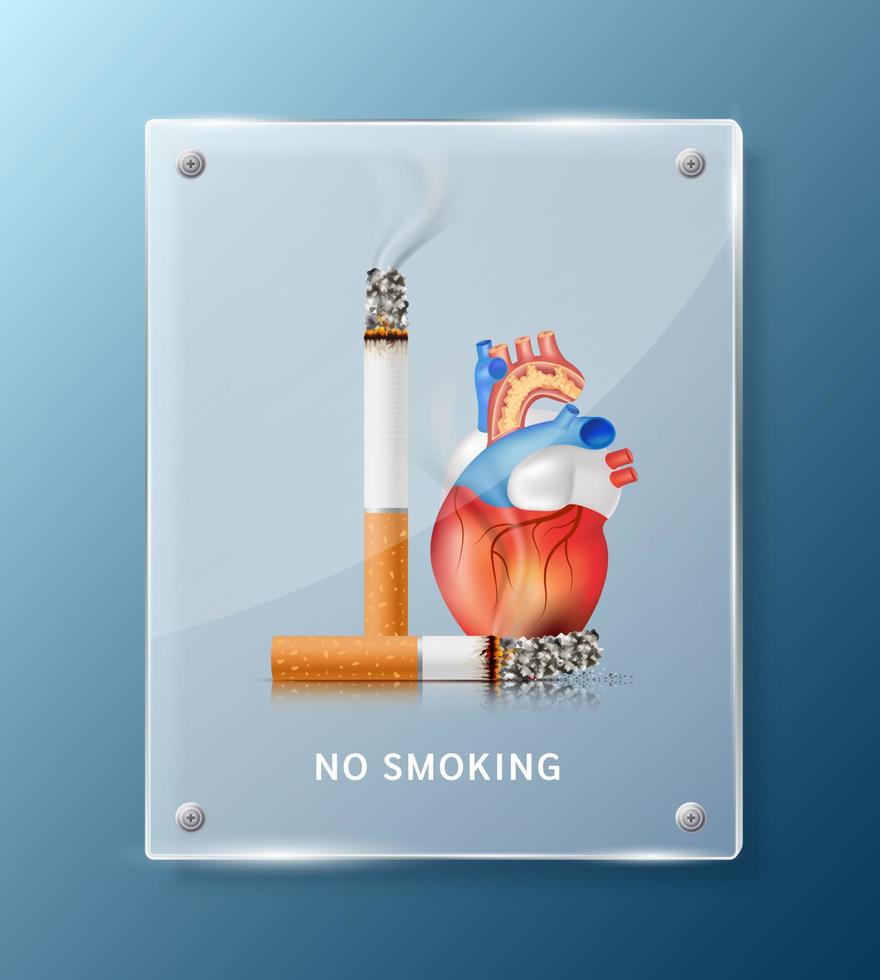 Forbidden no smoking sign, heart inside square translucent glass panels for stick wall. Dangers of smoking. Smoking effect on with people around and family. World No Tobacco Day. 3D vector. vector