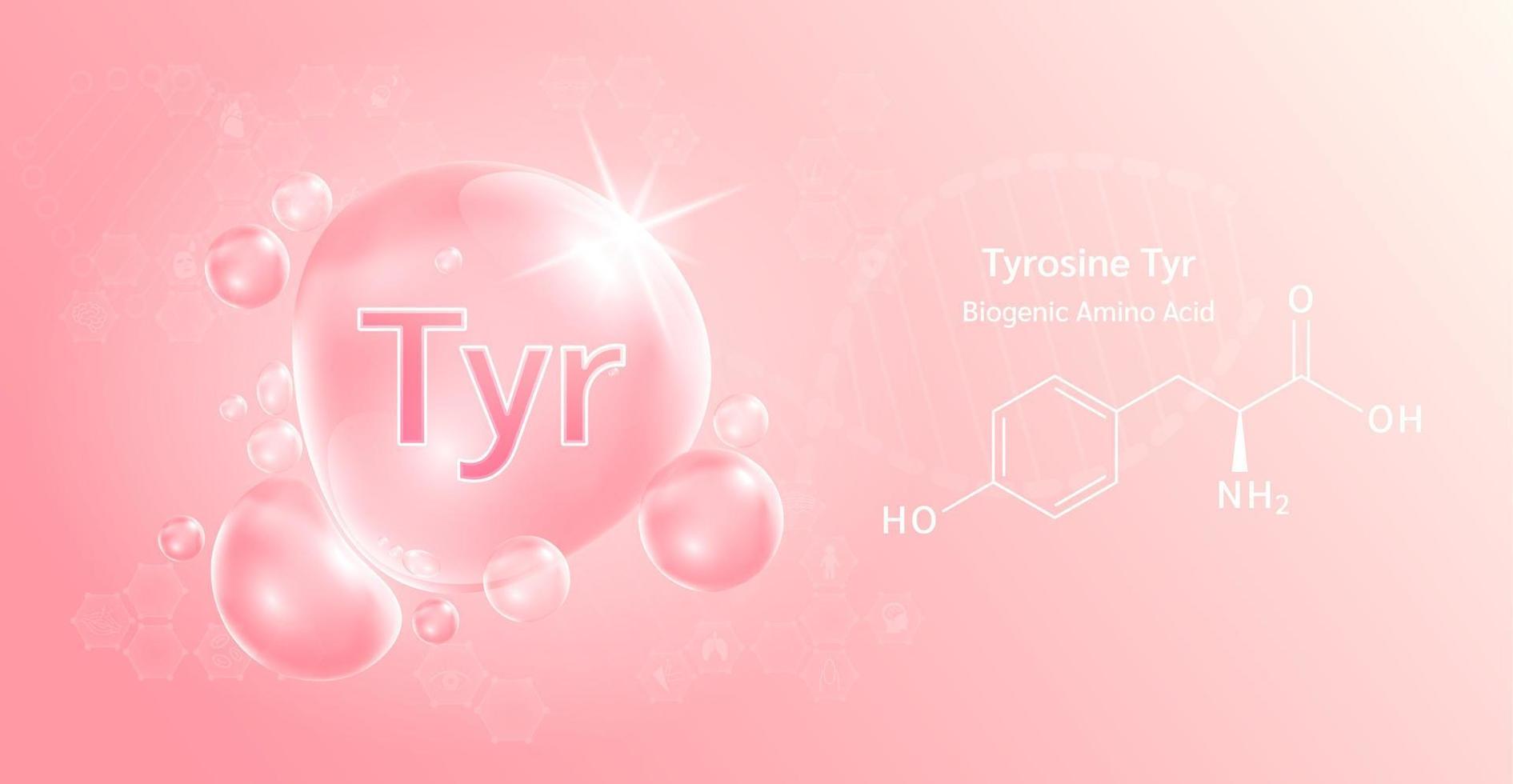 Water drop Important amino acid Tyrosine Tyr and structural chemical formula. Tyrosine on a pink background. Medical and scientific concepts. 3D Vector Illustration.