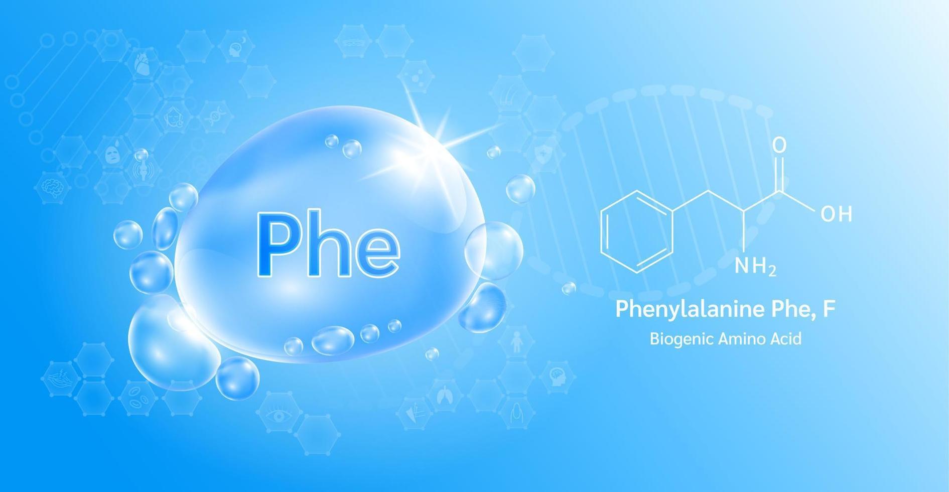 Water drop Important amino acid Phenylalanine Phe, F and structural chemical formula. Lysine on a blue background. Medical and scientific concepts. 3D Vector Illustration.