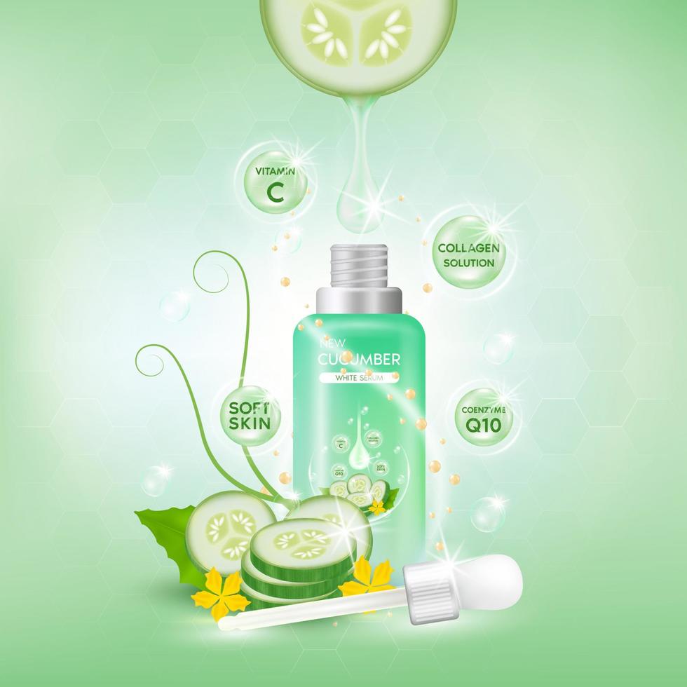 Cucumber white body serum, Extract Collagen and Vitamin. Cucumber skin care cream. Vector EPS10.