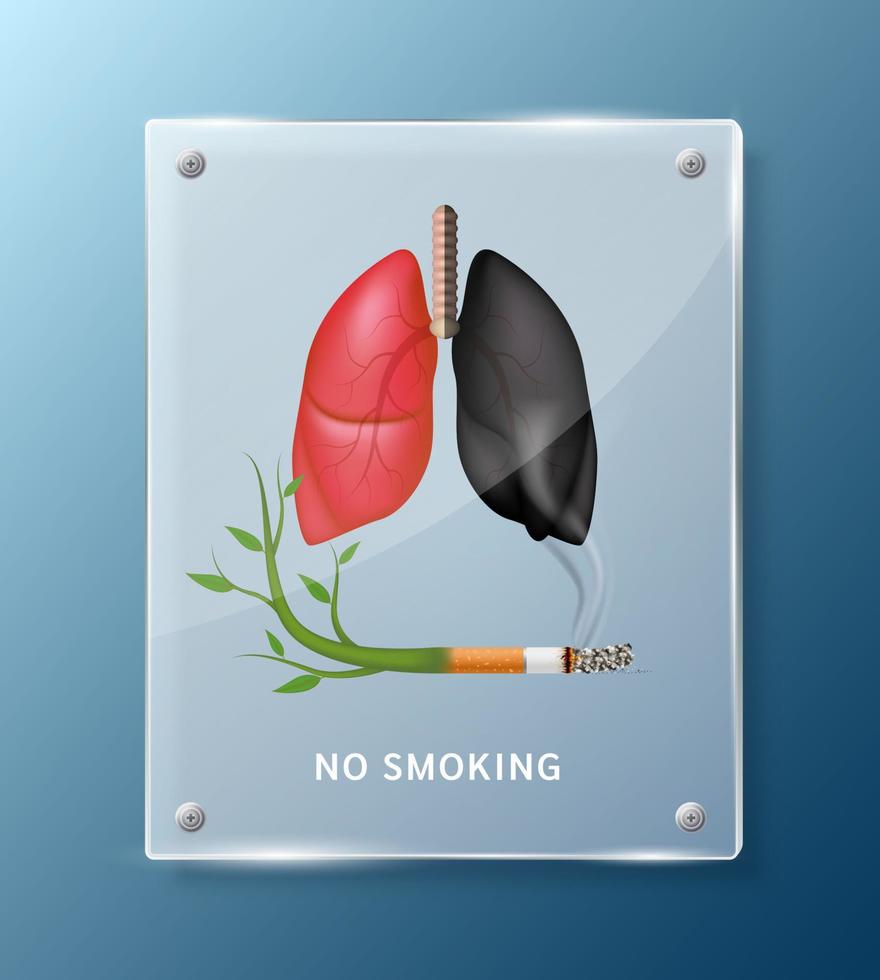 Forbidden no smoking sign, lung inside square translucent glass panels for stick wall. Dangers of smoking. Smoking effect on with people around and family. World No Tobacco Day. 3D vector. vector