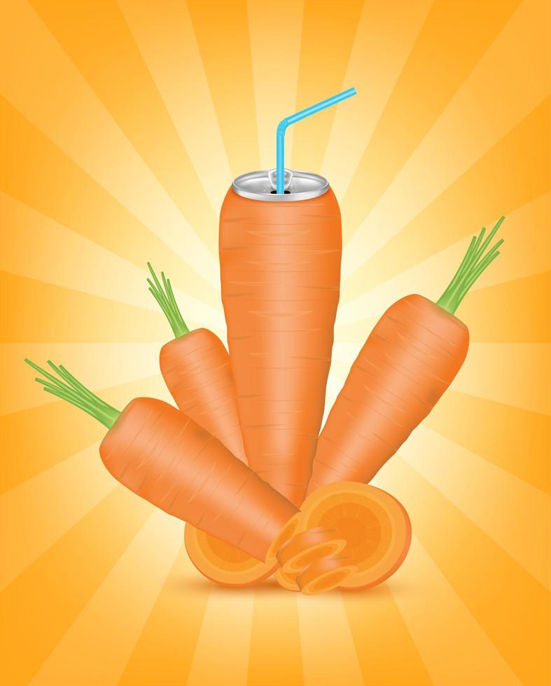 Fresh carrot juice soft drink with lid aluminum can and drinking straw. Isolated on a orange background. Healthy fruit drink concept. Realistic 3D vector EPS10 illustration.