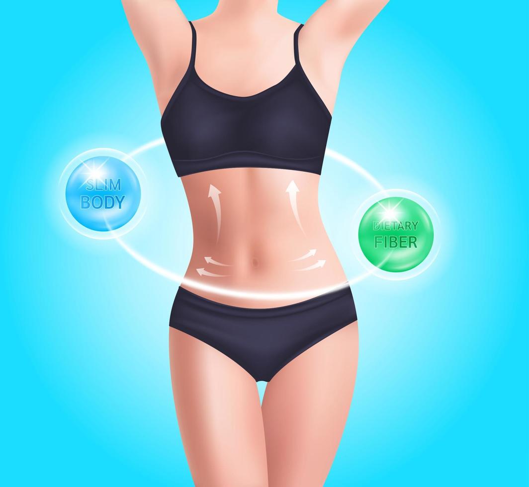 hermoso cuerpo de mujer. perfecto cuerpo joven tonificado delgado con fibra dietética menor nivel de colesterol. alimentos delgados y suplemento vitamínico saludable. 3d vectoriales eps10. sobre un fondo azul. vector