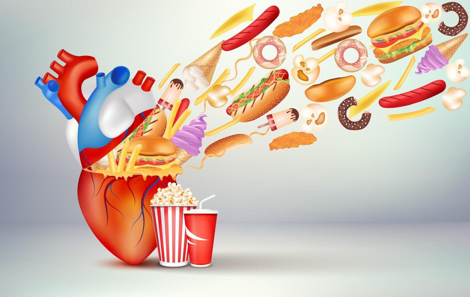 Foods that are bad for the heart. Fatty junk high calorie food. Diet dangerous coronary fitness. Unhealthy heart. With human cardiovascular anatomy. Medical and health concepts. 3D Vector. vector