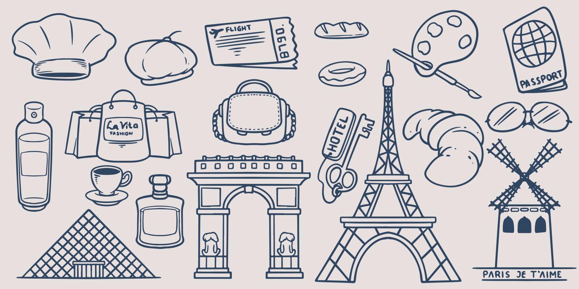 conjunto de elementos de viaje de doodle de dibujo a mano ir a parís con icono de francia vector