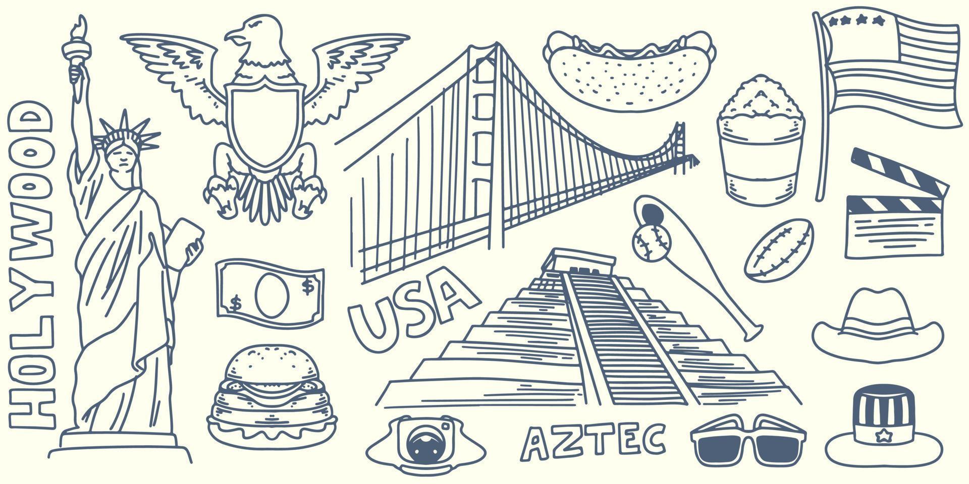 Hand drawing doodle travel elements go to america tourist equipment vector
