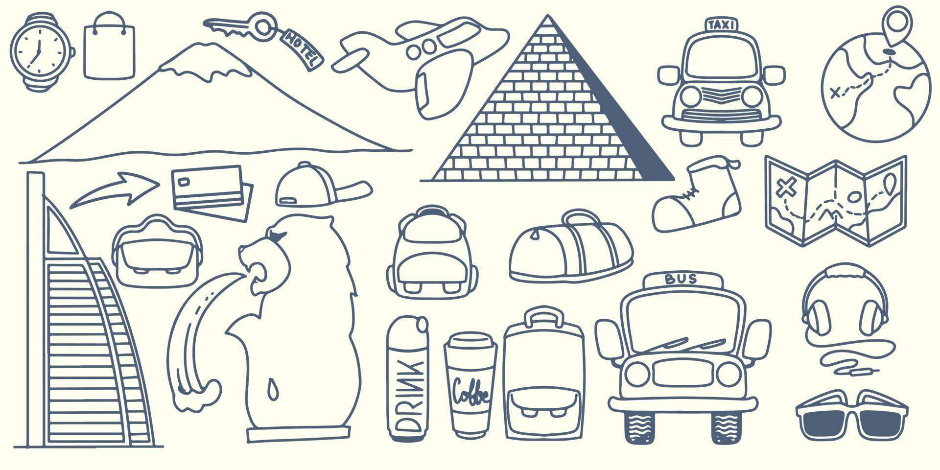 Hand drawing doodle travel elements to america with tourist equipment vector