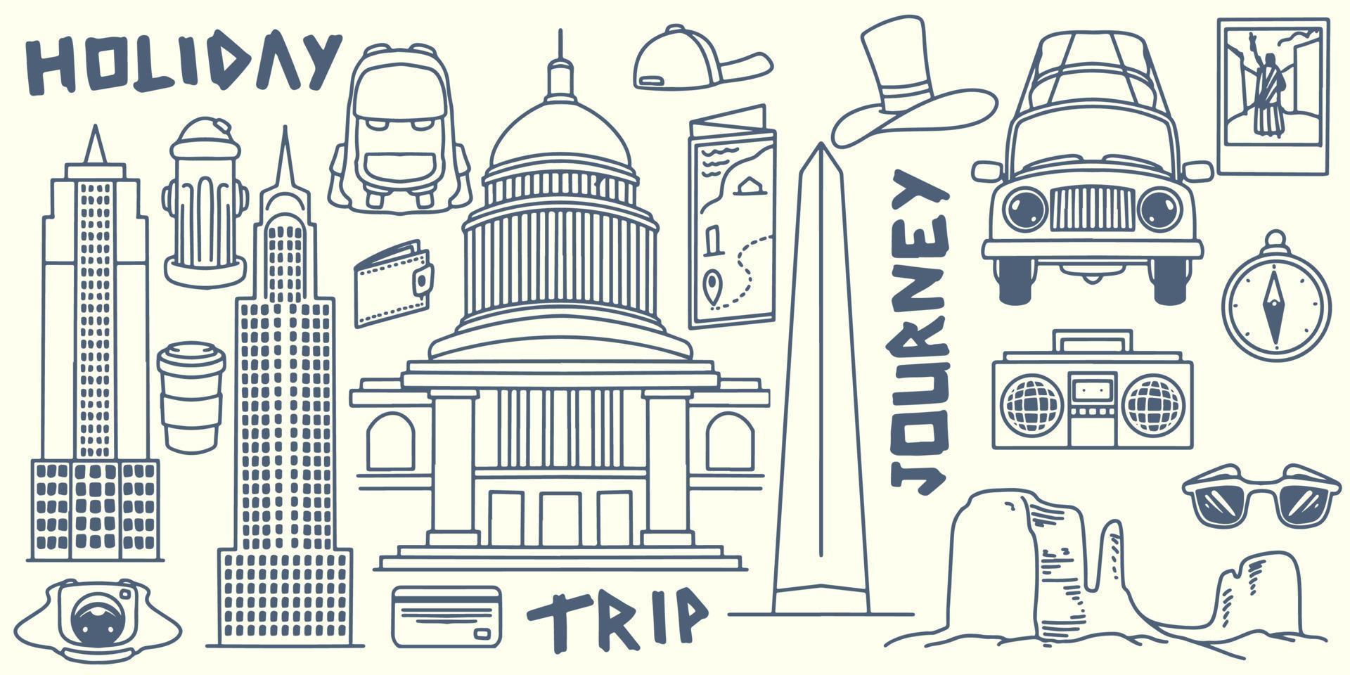 Hand drawing doodle travel elements trip to america tourist equipment vector