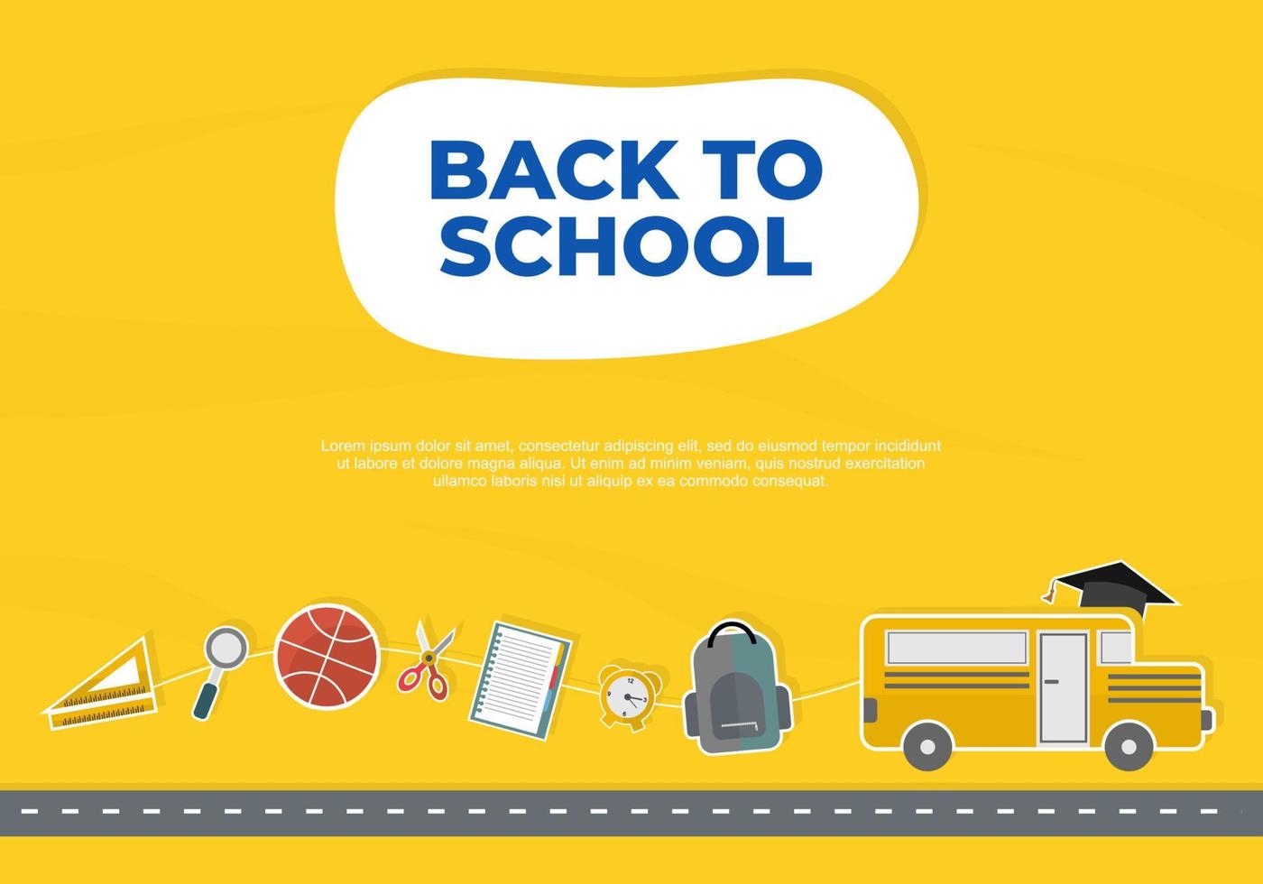 regreso a la escuela con regla, lupa, baloncesto, libro, bolso, autobús vector