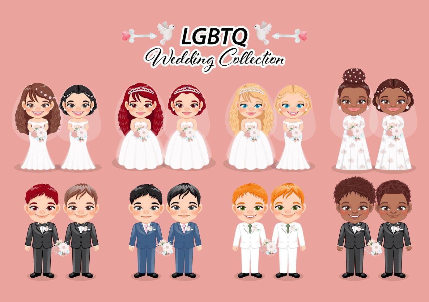 Set of Lesbian and Gay Newlywed Couples Flat illustration, LGBTQ Wedding Collection,  Marriage Design Concept Vector