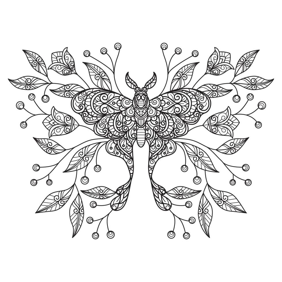 Butterfly and flower hand drawn for adult coloring book vector