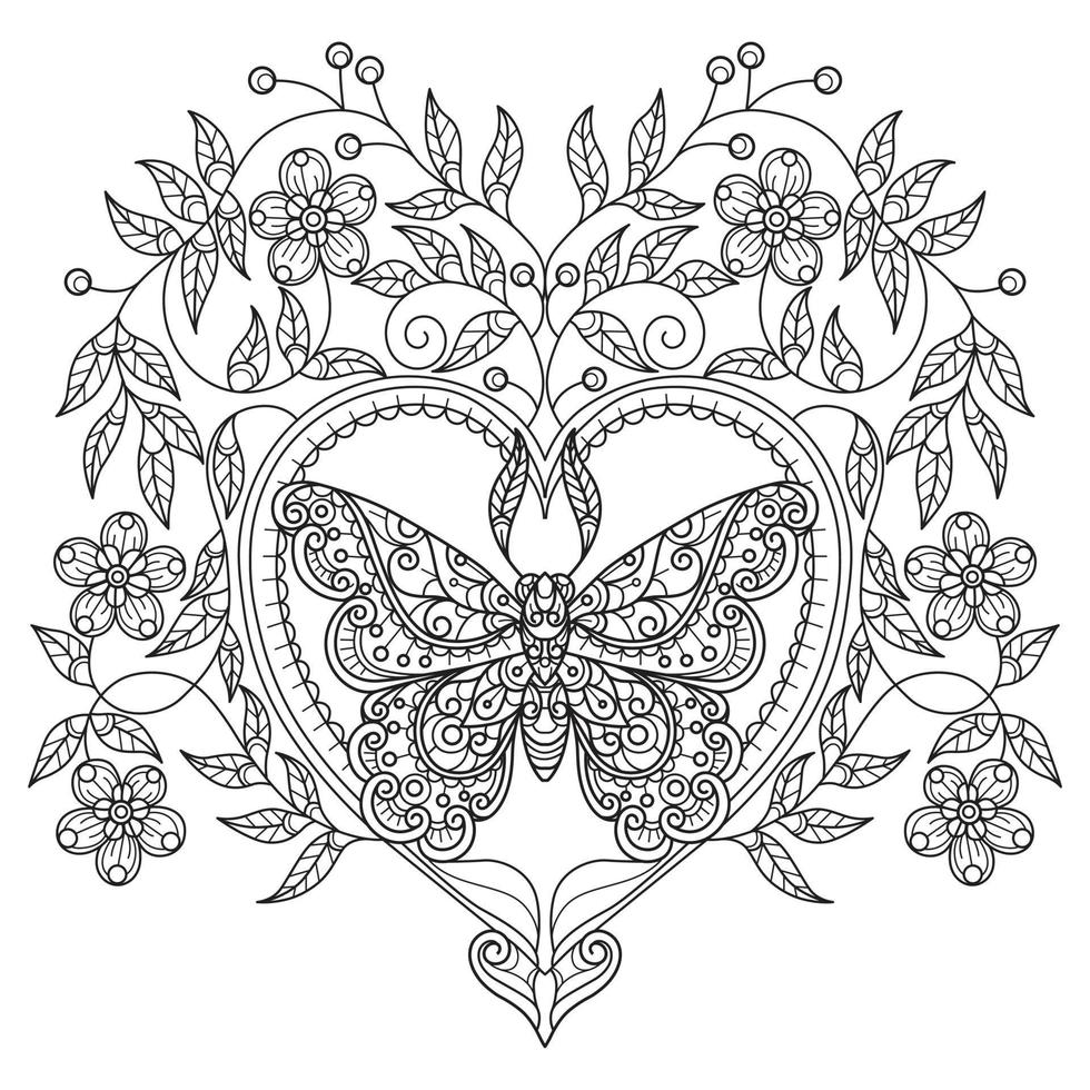 Butterfly and heart hand drawn for adult coloring book vector