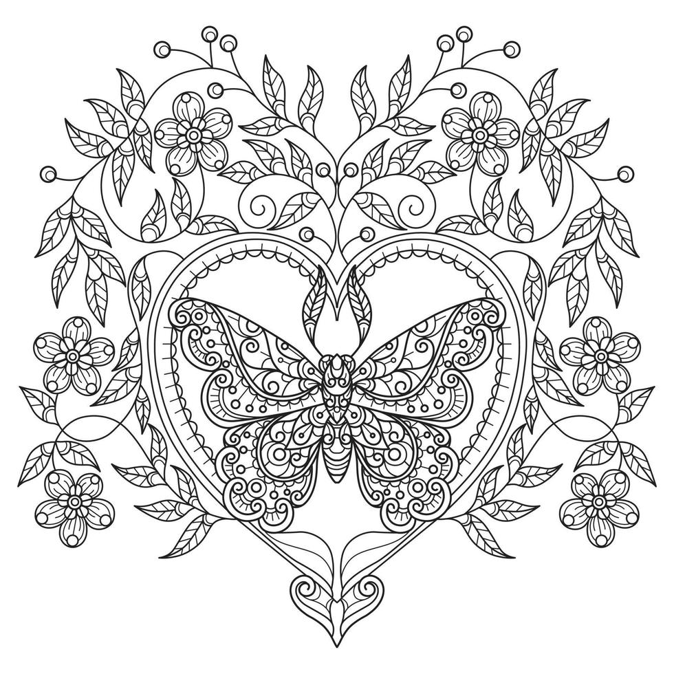 Butterfly and heart hand drawn for adult coloring book vector