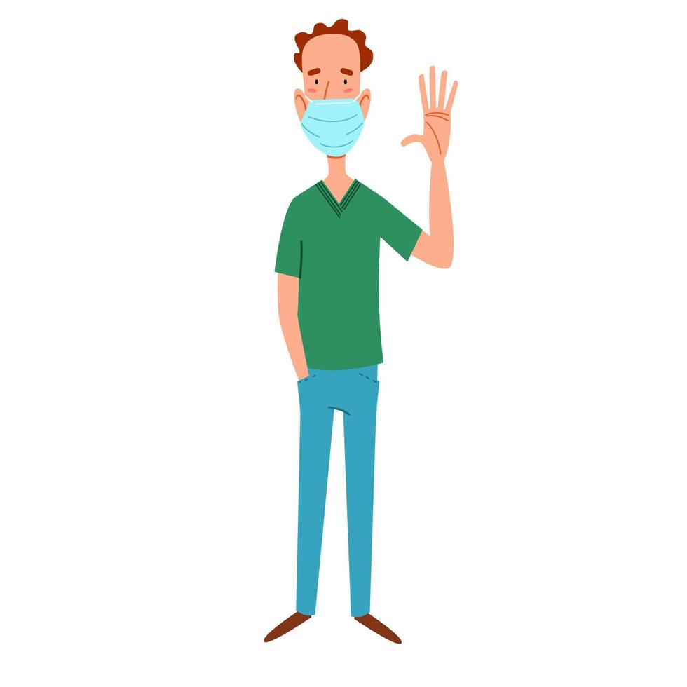 A fashionable thin man in a medical mask greets. Friendly greeting of a young guy. vector