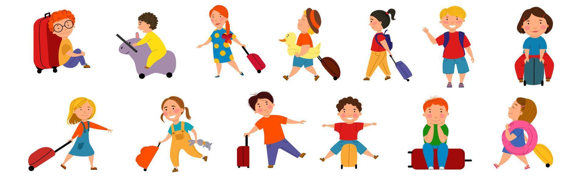 conjunto de niños con maletas. lindos niños pequeños en un viaje. ilustración vectorial en un estilo plano sobre un fondo blanco aislado. vector