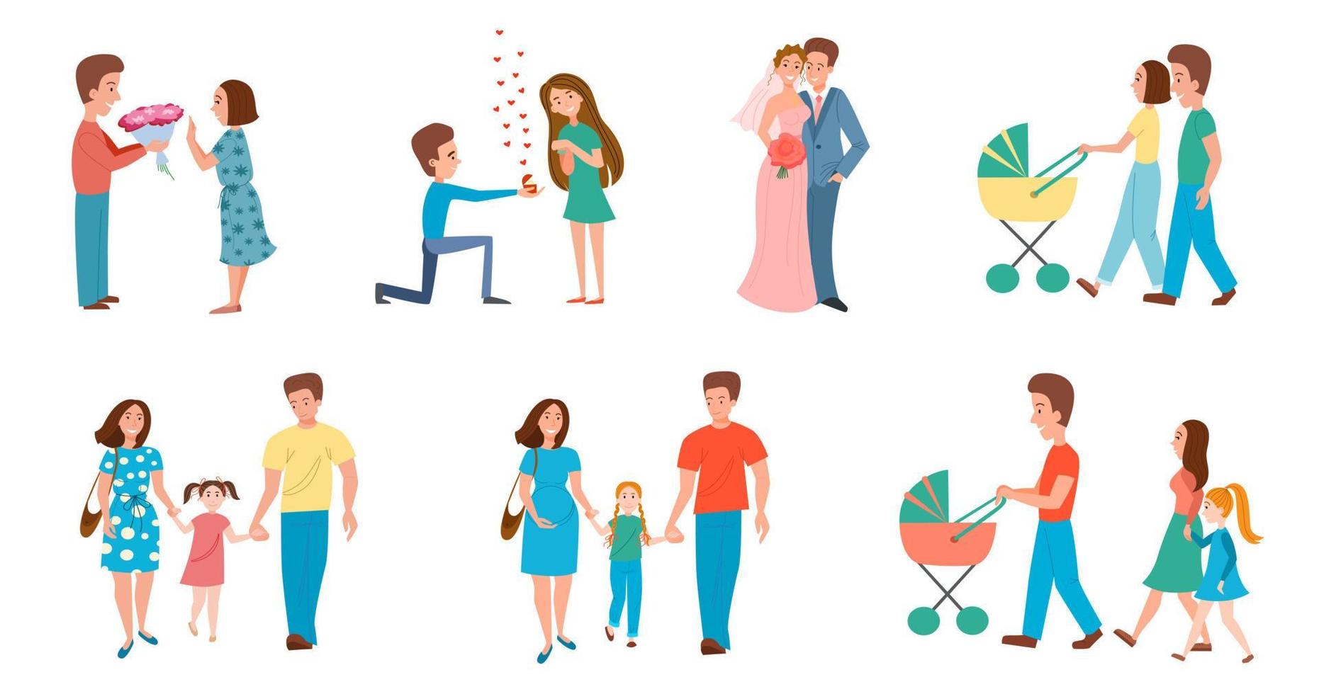 A set of couples at different stages of a relationship. The birth of a family . vector