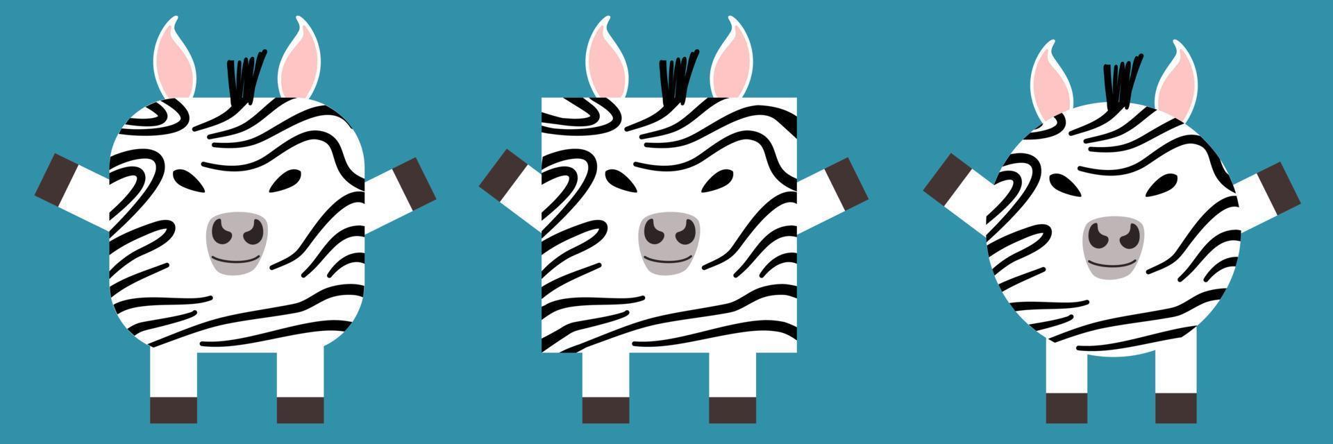 A set of animals of square and round shape. Vector illustration of a zebra